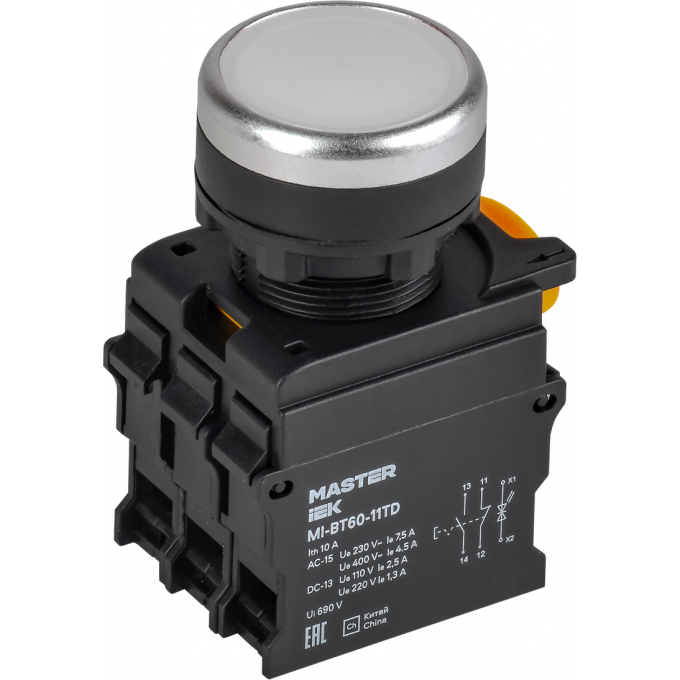Кнопка с подсветкой и фиксацией IEK MASTER MI-BT60-11TD-3-11-K01 d=22мм 1NO+1NC белая MI-BT60-11TD-3-11-K001