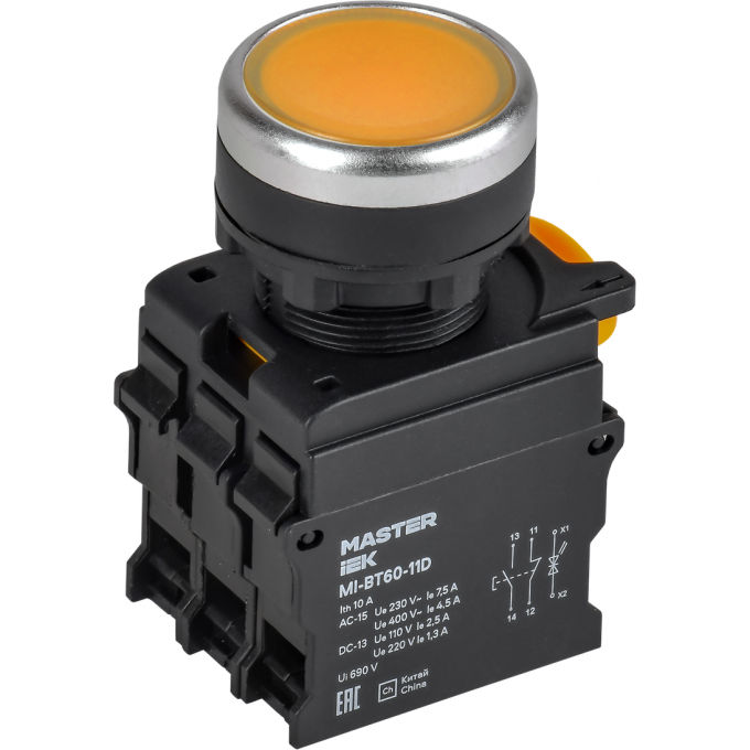 Кнопка с подсветкой IEK MASTER d=22мм 1NO+1NC жёлтая MI-BT60-11D-3-12-K05