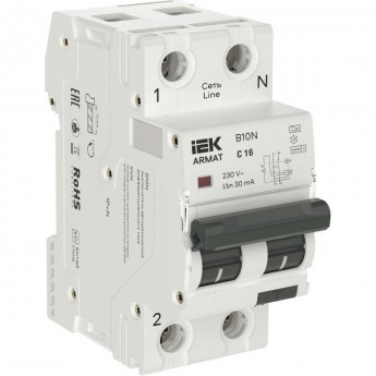 Выключатель автоматический дифференциального тока IEK ARMAT АВДТ B10N AR-B10N-1N-C016A030 2п (1P+NP) C 16 30мА 36мм тип A Выключатель автоматический дифференциального тока IEK ARMAT АВДТ B10N AR-B10N-1N-C016A030 2п (1P+NP) C 16 30мА 36мм тип A